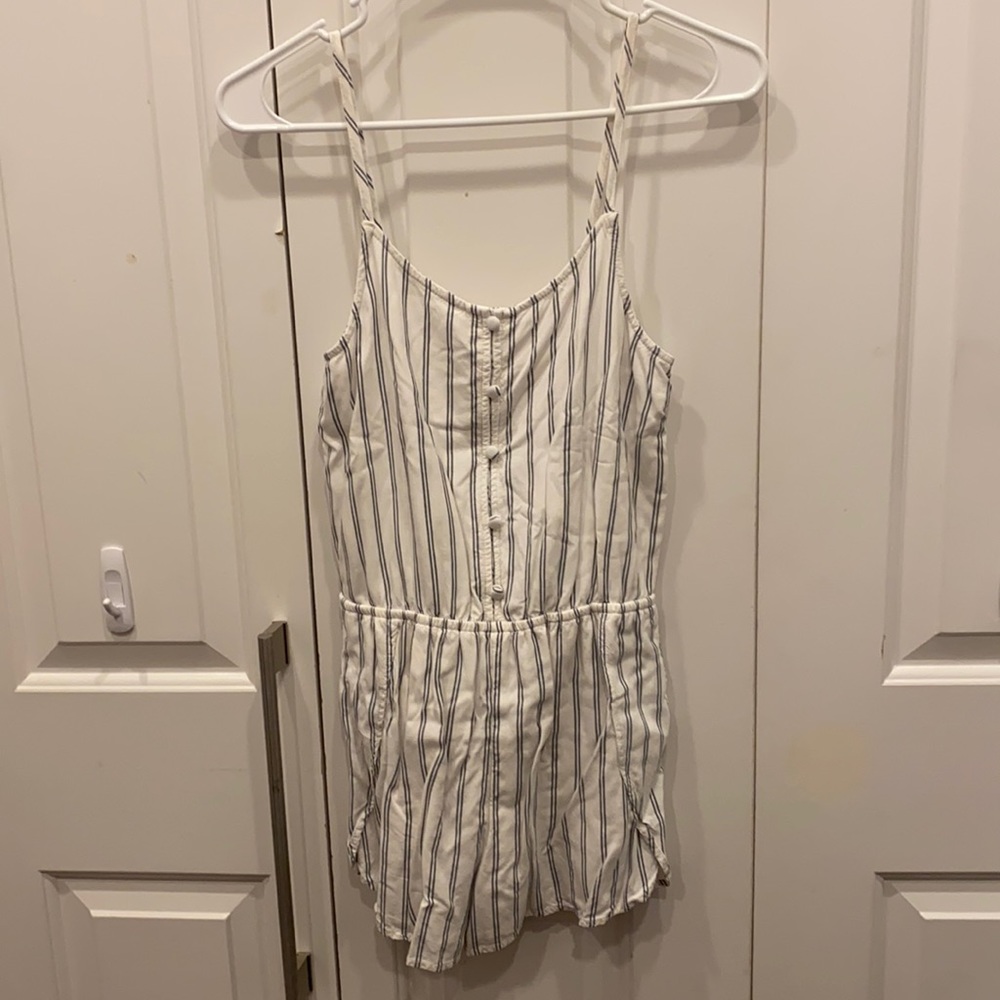 White Button Through Romper With Blue Stripes
